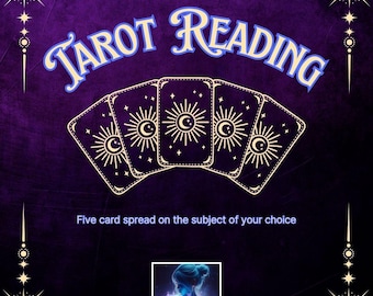 May include: A purple background with a gold border and stars. The text "Tarot Reading" is in blue and white. Five tarot cards are arranged in an arc. The text "Five card spread on the subject of your choice" is below the cards. The logo "Angelic Alchemy" is at the bottom of the image.