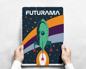 Vintage NASA-Inspired Futurama Illustrated Poster - Explore the Cosmos Futurama-Style!