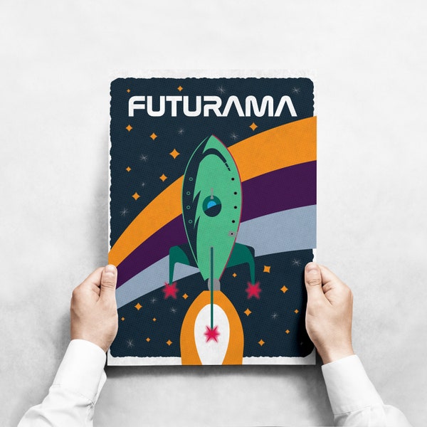 Vintage NASA-Inspired Futurama Illustrated Poster - Explore the Cosmos Futurama-Style!