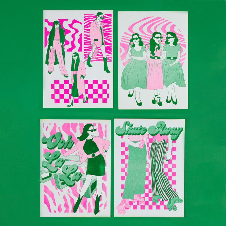 Risograph  Groovy Illustration Prints  Colourful Portrait All 4