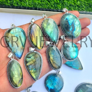 Natuurlijke labradoriet edelsteen groothandel hangers met 925 sterling verzilverde sieraden met gemengde vormen