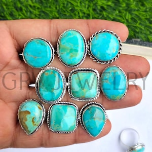 Può includere: Una collezione di anelli con pietre preziose turchesi di varie forme, tra cui ovali, rotonde e quadrate. Gli anelli hanno montature color argento e sono esposti su una mano. Le pietre turchesi variano di colore dal blu chiaro al medio.
