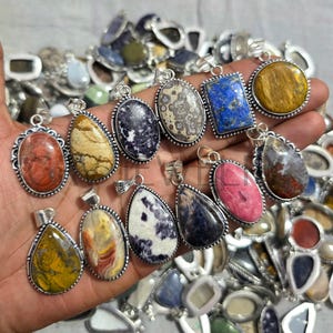 Assorted Gemstone Pendants Lot / Natural Crystal Pendants  / Boho Pendants / Wholesale Multi Gemstone Jewelry / 925 Sterling Silver Plated