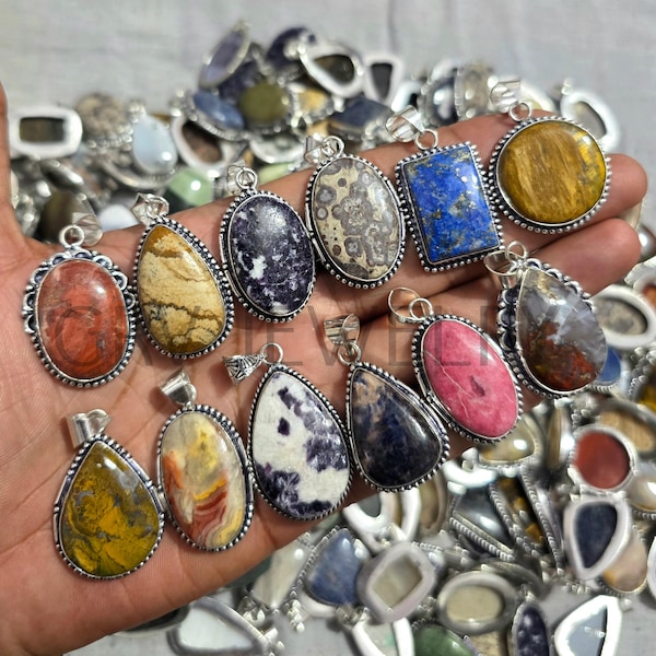 Assorted Gemstone Pendants Lot / Natural Crystal Pendants,: 925 Sterling Silver Plated, client gifts, promotional items