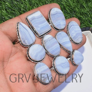 Natural Blue lace Agate Gemstone Rings / Wholesale Rings / Bulk Rings / Wholesale Jewellery / 925 Sterling Silver Plated Jewelry