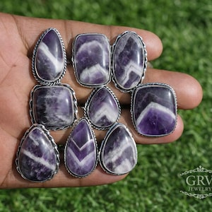 Natural Chevron Amethyst Ring, Sterling Silver Plated, Boho Statement Jewelry