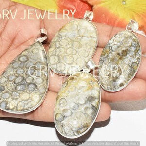 Puede incluir: Cuatro colgantes de plata con coral fosilizado en tonos grises, blancos y marrones. El coral tiene un patr&oacute;n circular.