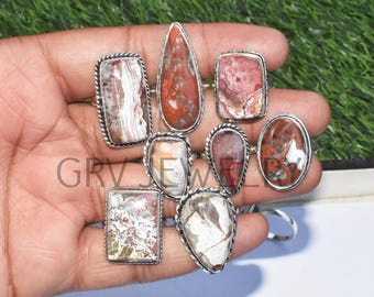 Natural Crazy Lace Agate natural stone rings, 925 Sterling Silver Plated vintage agate jewelry Crazy Lace Agate rings women, men