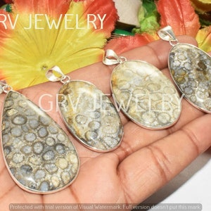 Puede incluir: Cuatro colgantes de plata con inserciones de piedra de coral fosilizado. Las piedras son de color marr&oacute;n claro con un patr&oacute;n blanco y gris. Los colgantes son todos de diferentes formas y tama&ntilde;os.