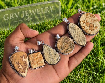 May include: Five pendants featuring natural tan and brown patterned stones set in silver-toned metal frames. The collection includes various shapes such as teardrop, square, round, and oval, each with a textured border and a silver bail at the top.