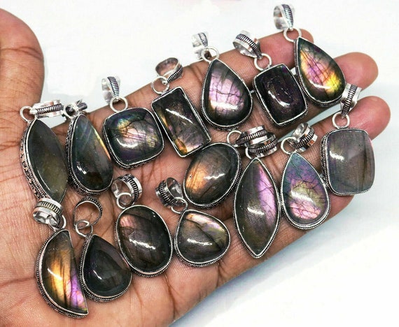 Natural Purple Labradorite Pendants, Sterling Silver Plated Gemstone Jewelry