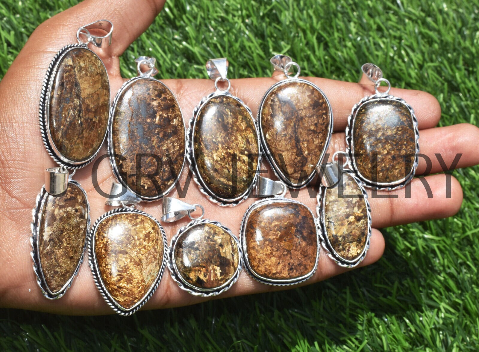 Natural Bronzite Gemstone Pendants, 925 Sterling Silver Plated 