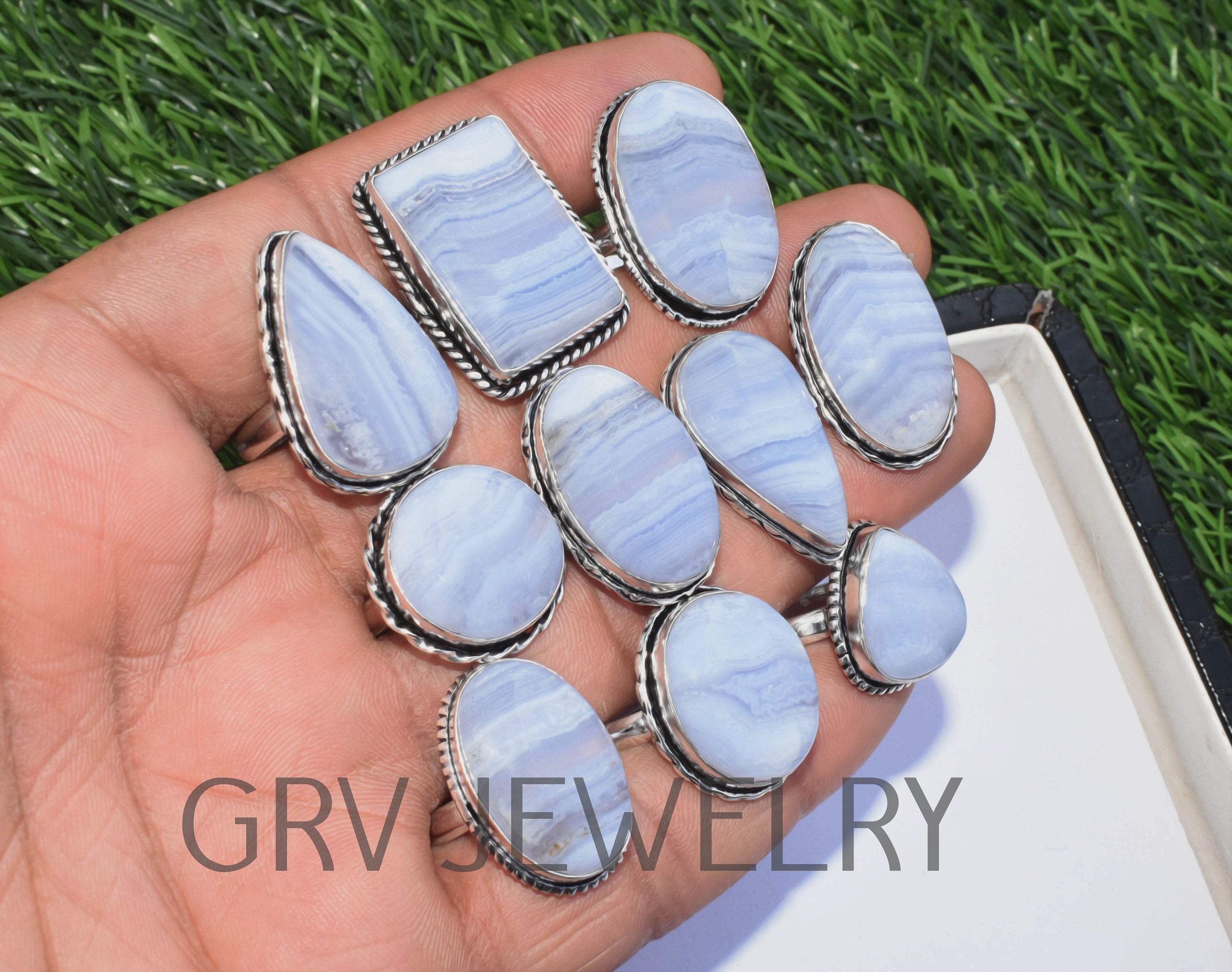 指輪・リング Hand made Blue Agate ring Handmade Oval Blue Lace Agate Statement Ring, 925 Sterling Silver