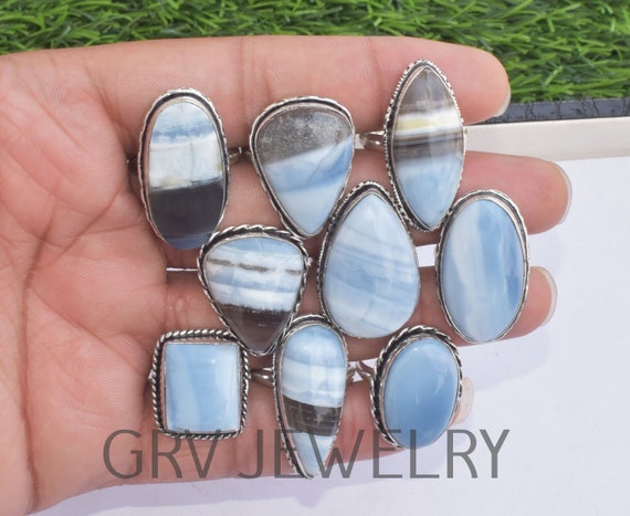 Natural Blue Owyhee Opal Ring, Sterling Silver Plated Statement Jewelry