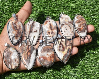 Crazy Lace Agate natural stone pendants, 925 Sterling Silver Plated, vintage agate jewelry  1.5-2.5 Inch