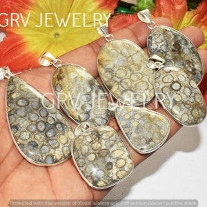 Puede incluir: Seis colgantes de plata con piedra de coral fosilizado en tonos grises y marrones. Los colgantes son de forma ovalada, de l&aacute;grima y rectangular.