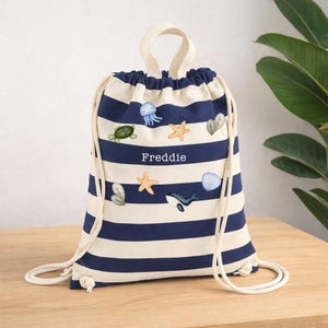 Personalised Striped Sea Life Drawstring Bag - Children's Nautical Backpack For Beach, Swimming, PE Kit Rucksack