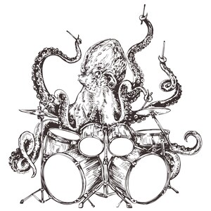 Poulpe jouant des percussions musicien tatouage illustration illustration imprimée à imprimer PNG, JPEG