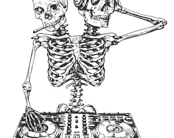 a skeleton of a dj with 2 heads with a cigarette and headphones large size printable drawing