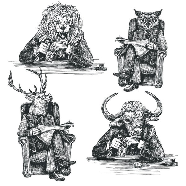 set 5 of animals in business suits sitting on chairs Lion, owl, toad, deer and buffalo businessmen, SVG, EPS 10 home decor wall print