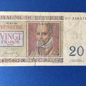 Belgie banconota 20 franchi 1950. Belgie carta moneta.