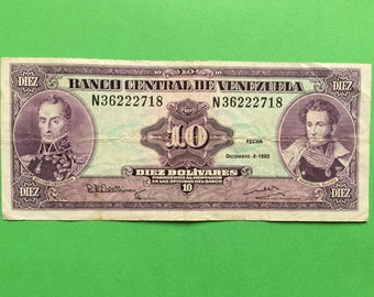 Venezuela 10 bolivares 1992 banknote/old paper money.