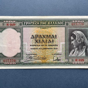 1000 Drachmai 1939 Grecia/ Vecchia carta moneta Grecia/ vecchia banconota