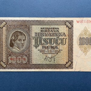 1941 Croazia 1000 Kune. Vecchia banconota della Croazia/carta moneta rara