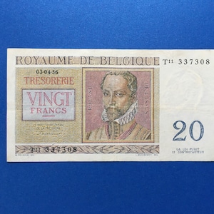 Banconota belga da 20 franchi 1956. Carta moneta belga.