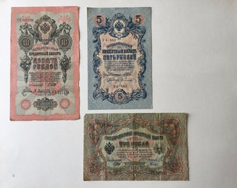 Banknotes of the Russian Empire 1905-1909. Russian banknotes in denominations of 3-5-10 rubles. Russian royal money