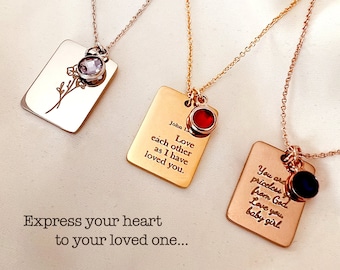 Personalized Double side Rectangle Necklace Custom letter Necklace, Birthflower Pendant Necklace, Girls Gift
