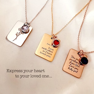 Personalized Double side Rectangle Necklace, Custom letter Necklace, Birthflower Pendant Necklace, Girls Gift, Bridesmaid, Christmas Gift