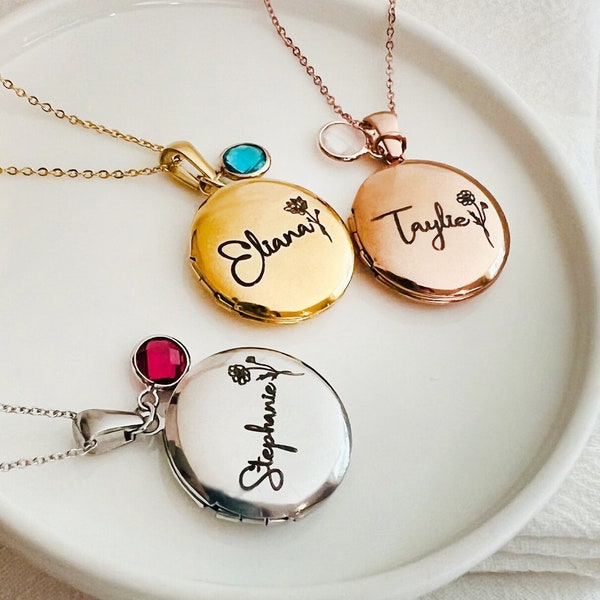 Personalized Round Photo Locket Necklace with Birth Flower & Name, Birthstone Necklace Custom Picture Jewelry, Gift for Mom Daughter
