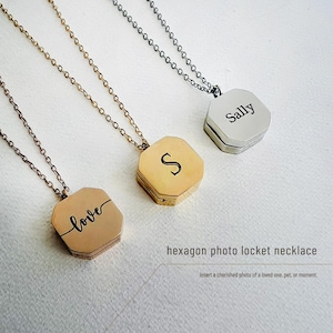 Hexagon Photo Locket with Picture – Square Style Custom Gift with Name or Initial – Personalized Memory Necklace