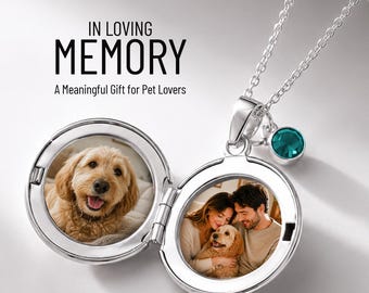 Colar com Pingente de Foto para Homenagem ao Seu Animal de Estimação, em Prata, com Pedra de Nascimento, Personalizado para Presentear um Amigo ou Amiga em Luto por um Animal de Estimação. Uma Ideia de Presente Perdido para um Amigo ou Amiga.