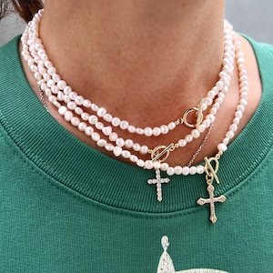 Süßwasserperle & Gold Kreuz Halskette - Elegantes religiöses Geschenk Anhänger