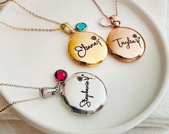 Locket Necklace with Photo, Girls Circle Locket with Name, Birth Flower Necklace, Birthday Necklace for Daughter, Flower Girl Necklace