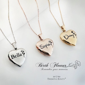 Girls Heart Locket Necklace with photo, Women name locket necklace with birth flower and birthstone, pet memorial photo locket necklace. womens gold heart locket personalized necklace