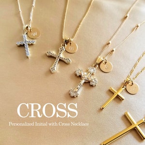 Gold Cross Necklace, Personalized Initial, Hand Stamp Disc, Religious Pendant, Gold Filled Cross, Birthday Gift, Christmas Gift