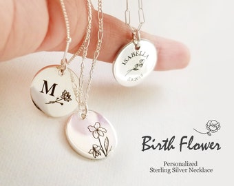 Personalized Birth Flower Necklace Women Initial Name Necklace, Sterling Silver Birth Flower Pendant Necklace, Birth Month Necklace Gift