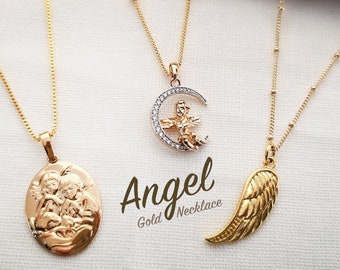 Angel Necklace Locket 18K Gold Filled Necklace for Women, Customized Angel Wing Pendant, Crescent Moon Necklace, Guardian Angel Pendant