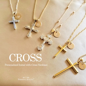 Gold Cross Necklece, Personalized Initial, Hand Stamp Disc, Religious Pendant, Gold Filled Cross Necklace, Satellite/Box Chain,Birthday Gift