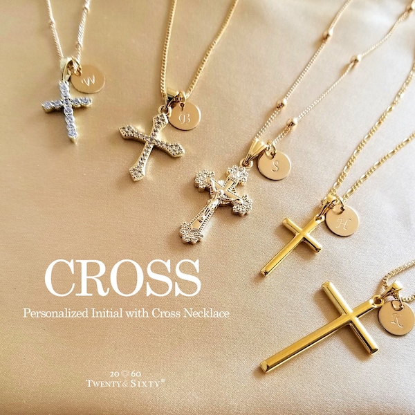 Gold Cross Necklece, Personalized Initial, Hand Stamp Disc, Religious Pendant, Gold Filled Cross Necklace, Satellite/Box Chain,Birthday Gift