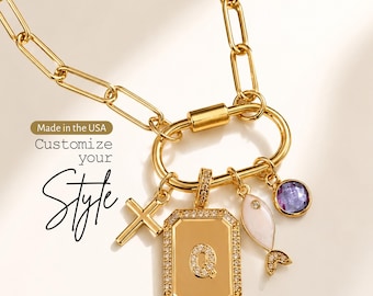 Custom Charm Necklace Personalized Jewelry Initial Birthstone Gold Carabiner Necklace Cross Pendant Memory Keepsake Gift for Mom Her