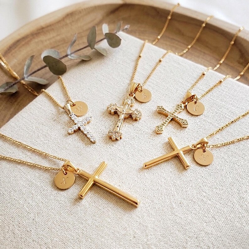 Personalized Cross Necklace Initial Pendant Baptism Gift Girl Confirmation Jewelry Woman Faith Symbol Christian Everyday Gold Handmade image 15