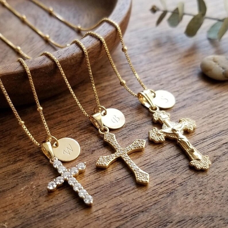 Personalized Cross Necklace Initial Pendant Baptism Gift Girl Confirmation Jewelry Woman Faith Symbol Christian Everyday Gold Handmade image 13