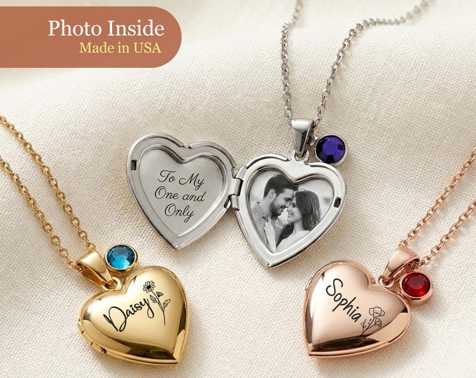 Personalized Heart Locket for Birthday girl Custom Name Birth Flower Birthstone with Photo Necklace Birthday Party small gift for young Girl