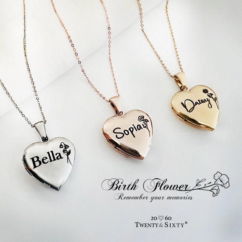 Girls Heart Locket Necklace with photo, Women name locket necklace with birth flower and birthstone, pet memorial photo locket necklace. womens gold heart locket personalized necklace