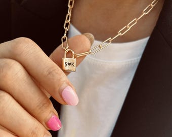 Padlock Necklace Gold Initial Pendant Personalized Engraved Charm Jewelry Girls Gift Best Friend Graduation Present Couple Matching