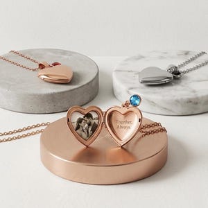 Personalized Heart Locket Gift Custom Photo Pendant Engraved Name Jewelry Birthstone Charm Necklace Memorial Keepsake Treasure Stainless Steel Quality Opening Picture Holder Rose Gold Silver Finish Options Family Remembrance Present